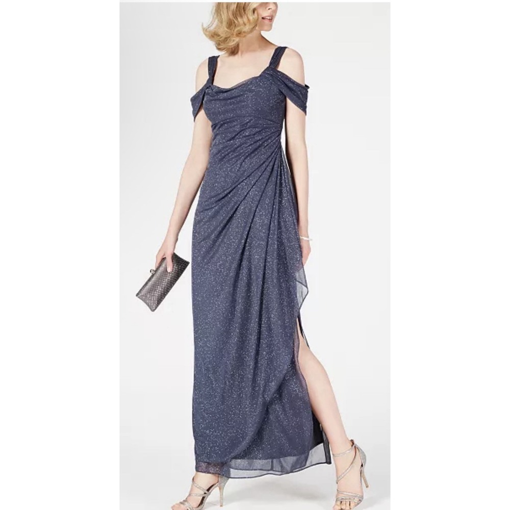 Alex Evenings Cold-Shoulder Draped Metallic Gown - Smoke Size 6 Sparkle